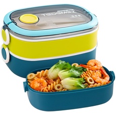 MDHAND Bento Box, Brotdose Kinder mit Fächern, 1600ML Lunchbox mit Löffel und Gabel für Kinder/Erwachsene, Lunchbox für den Transport von Mahlzeiten Brotdose Mikrowellengeeignet(Blau Grün)