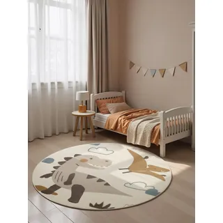 Hanse Home Adventures Kinderteppich Rund Dino - Kinderzimmerteppich Dinosaurier, Dschungle Motiv, Spielteppich, Junge, Mädchen, Teppich Kinderzimmer, Wohnzimmer - Creme Mulitfarben, Ø 160 cm