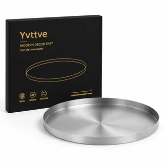 Yvttve Rundes Tablett Silver aus Metall mit 3 Anti Rutsch | Deko Serviertablett aus Edelstahl Design Dekoteller und Dekotablett für Adventskranz Teller (Ø 30 cm, Stainless Steel)