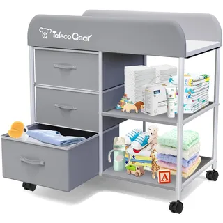 Tragbarer Wickelkommode mit wasserdichter Unterlage, 4 Universalrädern | 3 Aufbewahrungskörbe, 2 offene Fächer Wickelauflage aus wasserdichtem PVC, Ideal zum Wickeln, Anziehen & Massieren von Babys