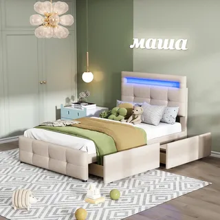 Merax Polsterbett 90x200cm mit LED,Schubladen und höhenverstellbarem Kopfteil,Jugendbett Funktionsbett Einzelbett mit Lattenrost und Leinenbezug,Beige - Beige