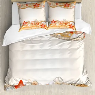 ABAKUHAUS Strand Bettbezug, Sand Muscheln Ropes, Milbensicher Allergiker geeignet mit Kissenbezügen, 155 cm x 220 cm - 80 x 80 cm, Blasse Orange Vermilion - Beige