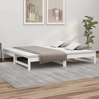 Tagesbett ausziehbar Weiß, Funktionsbett 100x200 cm erweiterbar auf 200x200 cm, Gästebett aus Massivholz Kiefer mit Lattenrost, Sofa Bett für Wohnzimmer und Schlafzimmer - Weiß