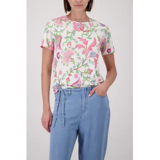 Rundhalsshirt MONARI "Shirt Blumendruck allover", Damen, Gr. 46, bunt (mehrfarbig), Web, Obermaterial: 95% Viskose, 5% Elasthan, geblümt, gemustert, mehrfarbig, regular fit taillenbedeckt, Rundhals, eingesetzt abgesteppte Kante, Shirts Rundhalsshirt, mit Blumendruck
