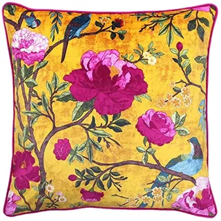 Paoletti Chinoiserie Kissenbezug - Blumen- und Vogelmotiv 100% Polyester Maschinenwaschbar Stoff (Goldgelb - 50 x 50cm), Gelb