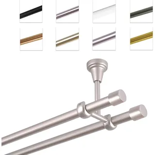 Gardinenstange Vorhangstange 19 mm mit Endkappen, einfache Montage, Decke, 2-läufig, Chrom Matt, 240 cm - Silber