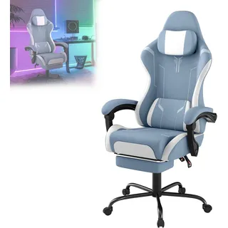 VA-Cerulean Gaming Stuhl Massage Computerstuhl Ergonomisch Gaming Sessel Bürostuhl Drehstuhl mit Massage Lendenkissen, Fußstütze, Gepolsterte Armlehnen Kopfstütze Schreibtischstuhl Gaming Chair(Blau) - Blau