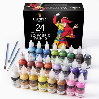 Castle Art Supplies 3D-Stofffarben Set | 24 leuchtende Qualitätsfarben in 29-ml-Flaschen | Für Künstler, Bastler. Zum Spaß | Kleidung, Textil, Leinwand, Glas, Holz, Schuhe | Stabile Auswahlbox