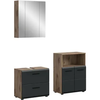 xonox.home – 3 TLG. Badezimmerkombination Ice 135x185x30 cm in Korpus Nox Oak Nachbildung und Front schwarz matt – Hochwertige Badmöbel-Kombi – modern, pflegeleicht & edel