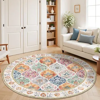 SHACOS Vintage Teppich Rund 120 cm Waschbar Runder Teppich Schlafzimmer Weich Flauschig Wohnzimmerteppich Rund Kurzflor Teppiche rutschfest, Bunt