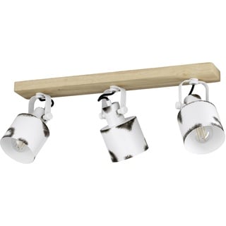 EGLO Deckenstrahler Kilburn, 3-flammige Deckenlampe mit schwenkbaren Spots, FSC100HB, Deckenleuchte im Landhaus Stil, Metall in Weiß und Holz in Natur, Deckenspot mit E27 Fassung