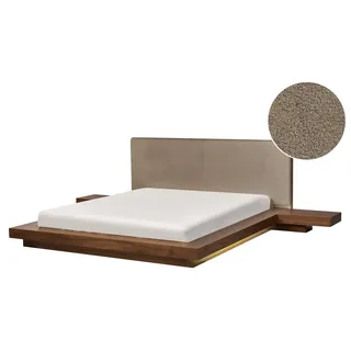 BELIANI LED-Bett Taupe / Braune Esche Bouclé u. MDF mit Lattenrost 160x200 cm 2 Nachttische Hohes Kopfteil Japanisches Plattform-Bett Futonbett - Braun, Beige