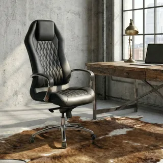 FineBuy Bürostuhl Schwarz MONTEREY Echt-Leder Schreibtischstuhl XXL Polsterung Chefsessel hohe Rückenlehne mit Kopfstütze Drehstuhl Drehsessel - Schwarz