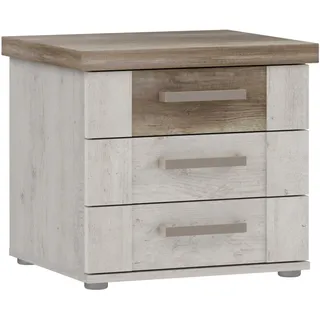 Forte Duro Nachtschrank 50, moderner Landhaus Nachttisch mit 3 Schubladen, Schlafzimmer, Holzwerkstoff, Pinie Weiß Holzdekor/Antikeiche, 50 cm breit x 44 cm hoch x 42,2 cm tief