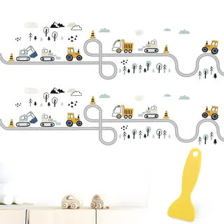 VOSSOT 2 Blätter Wandsticker Kinderzimmer mit Schaber, Wandtattoo Traktor Bagger Auto Baustelle Wandaufkleber Wanddeko Kinderzimmer Junge Babyzimmer