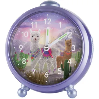 Atrium Kinderwecker Mädchen Alpaka Lama – Analog Quarz mit Licht, Snooze & schleichende Sekunde - leise ohne Ticken - Lernwecker für Kinder - Geschenk Einschulung & Geburtstag Lila Flieder A932-8