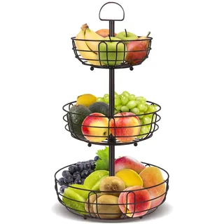 Bomclap 3 Stöckig Obstkörbe, Küche Obst Etagere aus Metall, Stehend Obstschale Gemüsekorb Aufbewahrung, Abnehmbare Obstkorb für Obst Gemüse Kuchen - Bronze