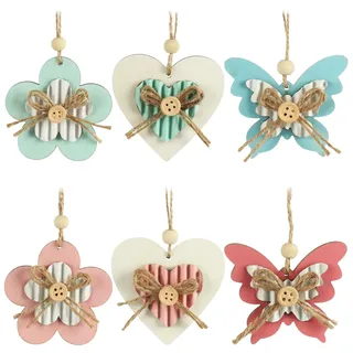 com-four® 6X Dekoaufhänger aus Holz mit Knopf - Schmetterling, Herz und Blüte - Anhänger für Osterstrauch - Frühlingsdeko - Holzschmuck zum Aufhängen - Osterdekoration (06x - Falter/Blume/Herz Knopf)