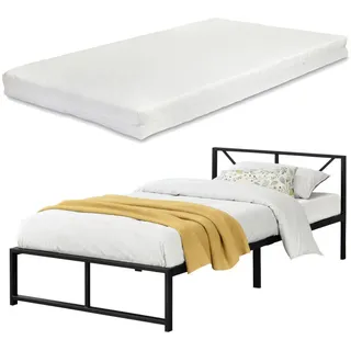 [en.casa] Metallbett 'Meran' mit Matratze Metallbett Bettgestell Einzelbett 90 x 200 cm Stahl Schwarz - Schwarz