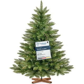 FairyTrees Weihnachtsbaum künstlich 120cm NORDMANNTANNE mit Christbaum Holzständer |  Tannenbaum künstlich mit grünem Stamm |  EU - Grün