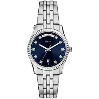 Fossil Scarlette Uhr für Damen, 34-mm Quarz-Dreizeiger-Datum-Uhrwerk mit Edelstahlarmband