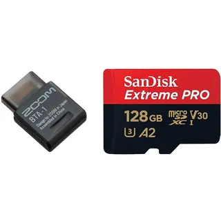 ZOOM BTA-1/GE Bluetooth-Adapter & SanDisk Extreme PRO microSDXC UHS-I Speicherkarte 128 GB + Adapter & RescuePRO Deluxe (Für Smartphones, Actionkameras oder Drohnen, A2, Class 10, V30, U3)