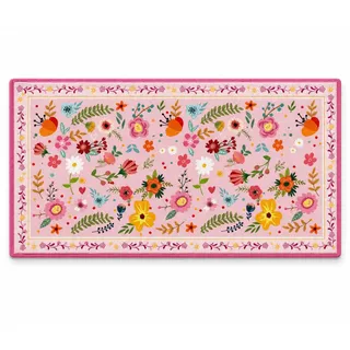 Afritee Blumen Teppich Küche 80x150cm Küchenteppich Waschbar rutschfest | Küchenteppich 80x150 cm, Waschbar, Rutschfest, Blumenmuster Rosa, Imitation Kaschmir, Küchenläufer