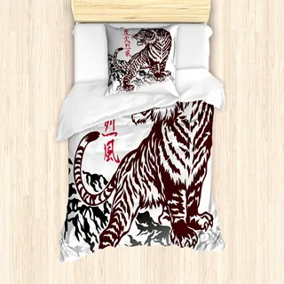 ABAKUHAUS Tätowieren Mantele, Wilder Chinese Tiger, Milbensicher Allergiker geeignet mit Kissenbezügen, 135 cm x 200 cm - 80 x 80 cm, Braun weiß