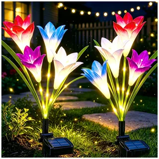DooYard Solar‐Lilien‐Gartenleuchten, naturgetreues Design (2 Stück) | Verbessertes Solarpaneel,Naturgetreues Lilien‐Design,Werkzeuglose Installation,Wetterfest Langlebig,Edles Gartengeschenk