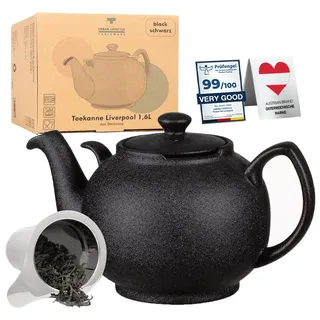 Urban Lifestyle Teekanne mit Siebeinsatz, Keramik Teekanne 1,6 L Schwarz mit Edelstahl Teefilter 304, extra fein, Teapot für losen Tee und Teebeutel, tropffrei, spülmaschinenfest