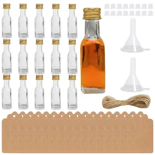 ZJRung 16 Stück Mini Fläschchen Kleine Schnapsflaschen 20 ml Fläschchen Glas Wiederverwendbar Likörflaschen zum Befüllen Glas Saftflaschen mit Gelb Deckel und Trichter Juteschnur