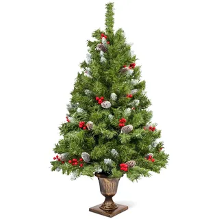 Künstlicher Weihnachtsbaum 120cm, Uten Tannenbaum mit Tannenzapfen, rote Beeren und Schnee, 300 Spitzen, Deko für Weihnachten