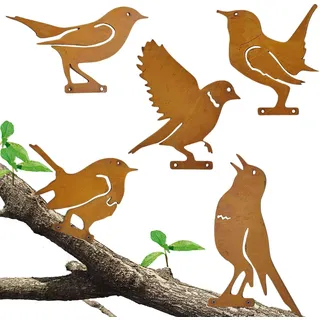 Suynauetev 5 Stück Rostiger Vogel Gartendeko Rostige Gartendeko für Draußen Gartenstecker Rost Metall Dekoration Garten Deko Deko Vogel für Garten Patio Park Staketenzaun Baum AST Stamm Dekoration