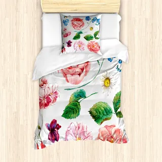 ABAKUHAUS Blumen Mantele, Bouquet Set mit Rose, Milbensicher Allergiker geeignet mit Kissenbezügen, 135 cm x 200 cm - 80 x 80 cm, Rosa und Grün - Rosa