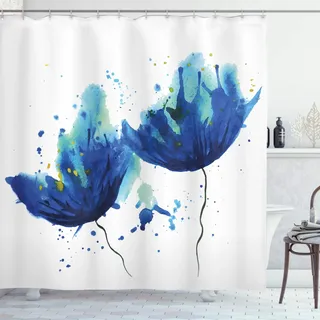 ABAKUHAUS Aquarell Duschvorhang, Floral Abstrakte Kunst, Stoffliches Gewebe Badezimmerdekorationsset mit Haken, 175 x 200 cm, Hellblau und Blau