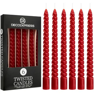 DECO EXPRESS Stabkerzen Set 3er oder 6er Tropffreie Stabkerzen Gedrehte Spiralkerzen Bunte Kerzen Brenndauer 6 Stunden Unparfümiert (Rot, 6er-Pack)