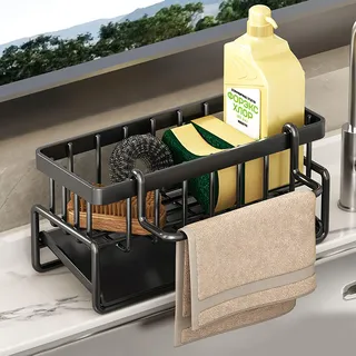 Spülbecken Organizer, Spülbecken Caddy Organizer, Edelstahl Utensilien Korb für Küche Spüle Organizer für Schwamm, Spülmittel, Spültuch, Bürste - Schwarz