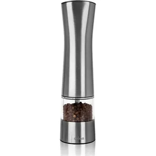 Orion Pfeffermühle Salzmühle Gewürzmühle elektrisch aus Stahl mit Keramikmahlwerk robust 21,5 cm - Silber