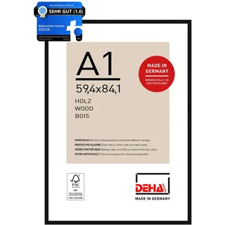 DEHA Design Bilderrahmen, 59,4 x 84,1 cm (A1), Holz, Schwarz, Posterrahmen zum Aufhängen im Hoch- & Querformat, bruchsicheres Kunstglas, Fontana