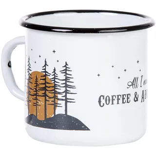 MUGSY Emaille Tasse, Coffee & Adventure mit Outdoor Motiv, 330ml, Camping Tasse mit Spruch, bruchfest & leicht, weiß