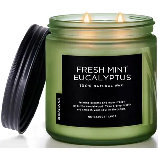 M&SENSE Duftkerze Eukalyptus Minze,330g 70 Stunden lang brennend, große Kerzen mit 2 Docht, dekorative Kerzen im Glas, natürliches Sojawachs, Aromatherapie Kerze zur Entspannung für Spa, Bad, Yoga