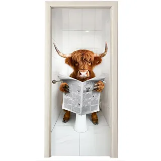 MuchoWow Türaufkleber Selbstklebend - Schottisches Hochlandrind - Zeitung - WC - Tier 85x205 cm - Türtapete , Weiß , Kunststoff , Rechteckig , 85x0.1x205 cm , Tapeten & Wandverkleidungen, Wandtattoos & Sticker