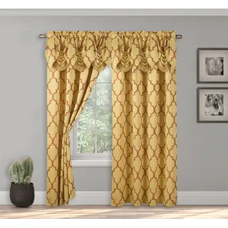 Elegant Comfort Jacquard Optik Vorhang-Set mit angenähtem Wasserfall-Volant, (2 Stück), 137 x 213 cm, Vierpass-Muster, Gold