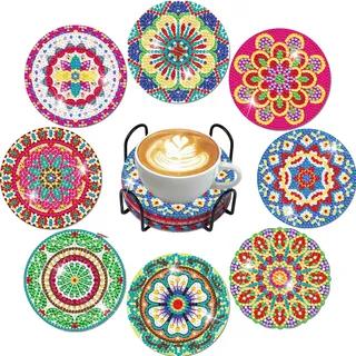 Frundoo Diamond Painting Untersetzer mit Halter, 8 Stück Diamant Tassenuntersetzer, Diamond Painting Erwachsene zum Basteln, DIY Mandala Untersetzer rutschfest für Anfänger, Erwachsene