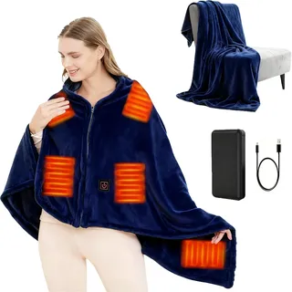 USB Heizdecke mit 10000mAh Akku, 150 x 80 cm Kabellos Heated Blanket, 3 Temperatursstufen, Flanell Einzelperson Electric Blanket Shawl, Wärmedecke für Büro Mittagspause, Outdoor-Reisen