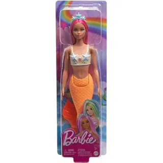 Mattel Barbie Meerjungfrau-Puppe mit pinkfarbenem Haar, weicher orangefarbener Schwanzflosse und Haarband - Rosa