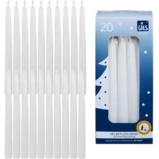GIES Kerzen Set WEIß | 20er Pack selbstlöschende Baumkerzen Wachs 12,4 cm x 1,2 cm - Weihnachtskerzen Pyramidenkerzen Christbaumkerzen | Handgetauchte Qualität