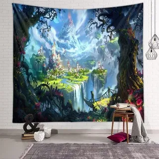 Unyqoos® Bunter Wandteppich mit fantasievollem Waldmotiv – 100% Polyester, vielseitig als Wanddeko, Tischdecke oder Vorhang, inkl. Haken und Dekonägel