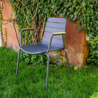 Gardenson Gartenstuhl , Anthrazit, Naturfarben , Metall , Teakholz , vollmassiv , rund , 58x80x58 cm , stapelbar , Gartenmöbel, Gartensessel, Gartenstühle