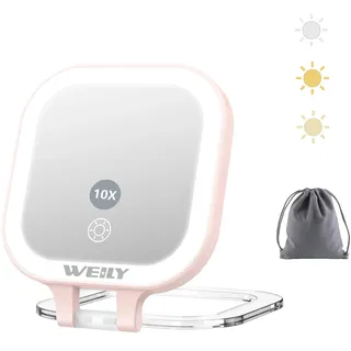 WEILY Taschenspiegel mit Beleuchtung, 1X/10X Vergrößerung Doppelseitiger Reisespiegel, Schminkspiegel mit 3 Farblichter, USB Wiederaufladbarer Tragbarer Handspiegel für Make-up (Rosa)
